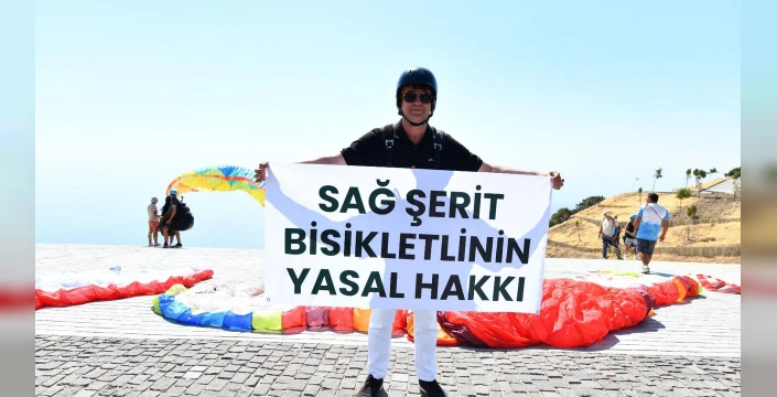 Fethiye'de bisikletlilerin hakları için gökyüzünden mesaj: Başkan Karaca'dan cesur atlama