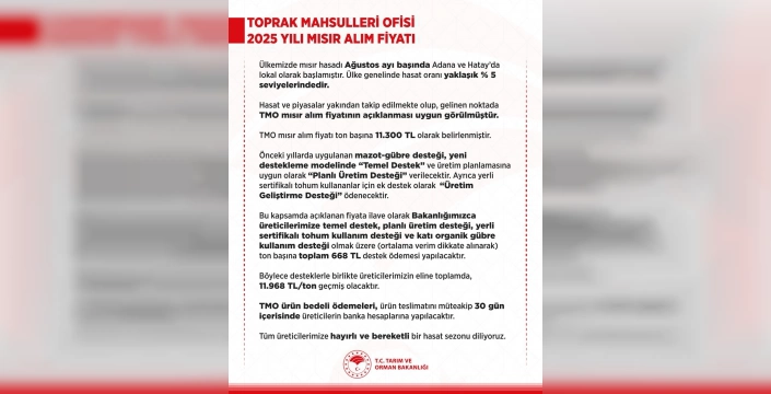 Toprak Mahsulleri Ofisi 2025 mısır alım fiyatını açıkladı