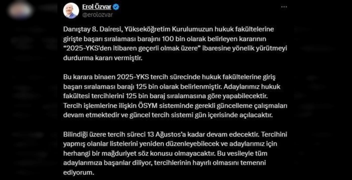 YÖK Başkanı Özvar açıkladı: Hukuk fakültesi barajı 125 bine yükseltildi