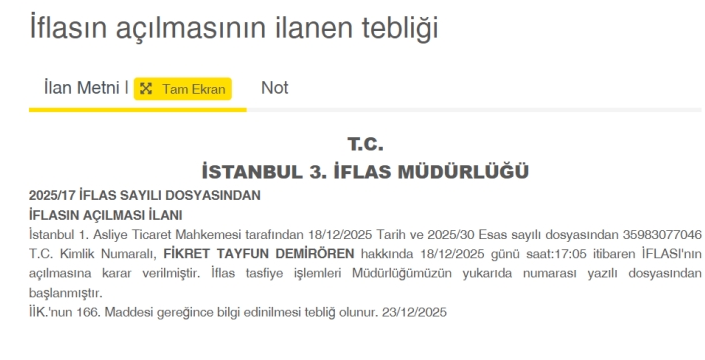 Dev holding üyesi Tayfun Demirören iflas etti!